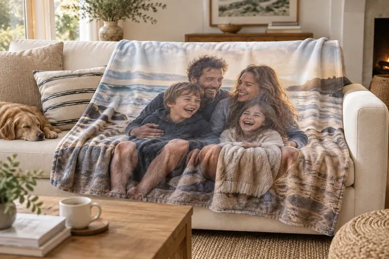 Voorbeeld van een deken met een familiefoto op een bank